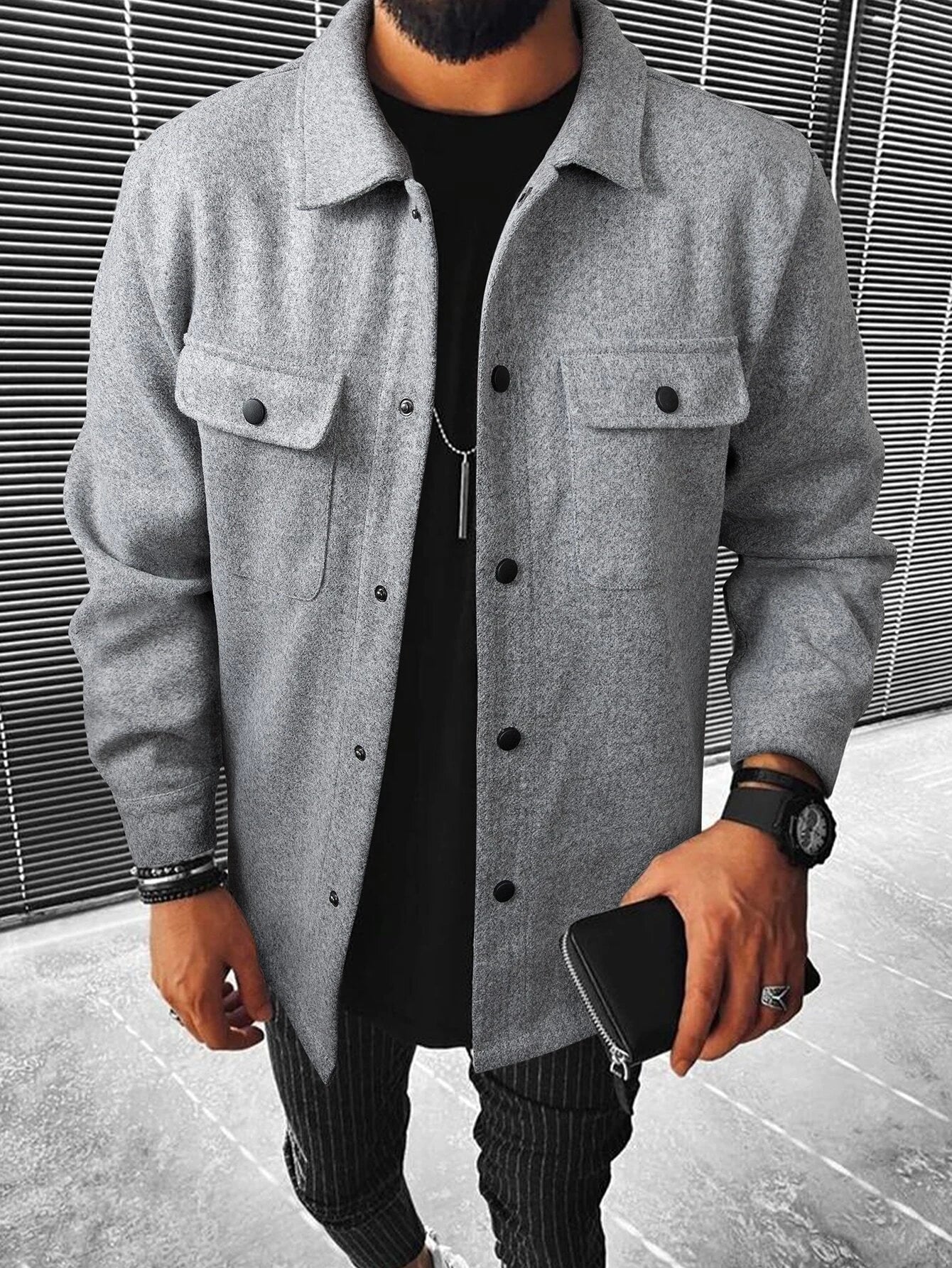 Manfinity Homme Men Button Front Flap Pocket Going Out Casual Overcoat for Friends , Fall Winter