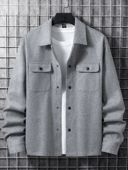 Manfinity Homme Men Button Front Flap Pocket Going Out Casual Overcoat for Friends , Fall Winter